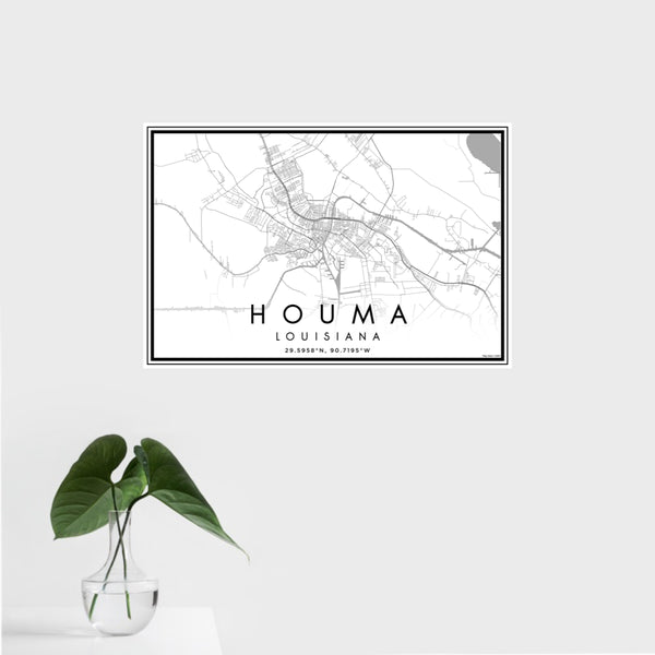 16x24 Houma Louisiana Map Print Landscape Orientation in Classic Style With Tropical Plant Leaves in Water