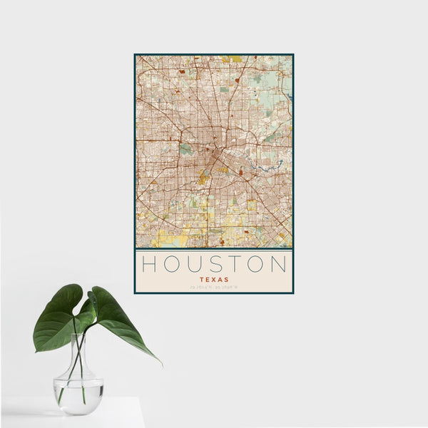 Houston - Texas Map Print in Woodblock