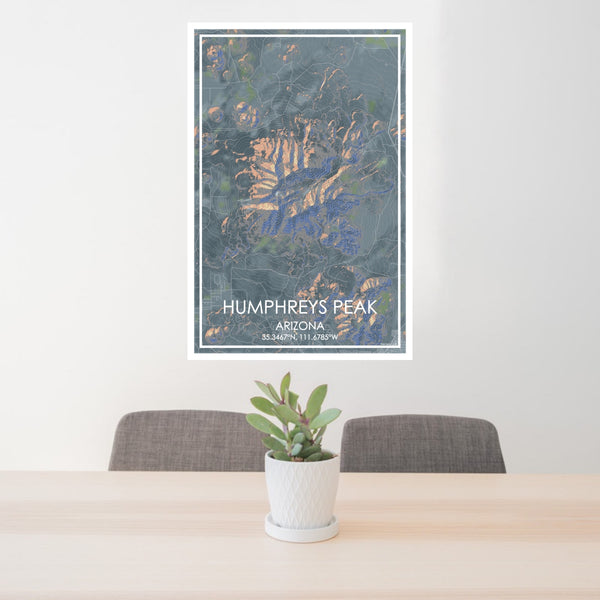 24x36 Humphreys Peak Arizona Map Print Portrait Orientation in Afternoon Style Behind 2 Chairs Table and Potted Plant