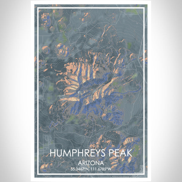 Humphreys Peak Arizona Map Print Portrait Orientation in Afternoon Style With Shaded Background