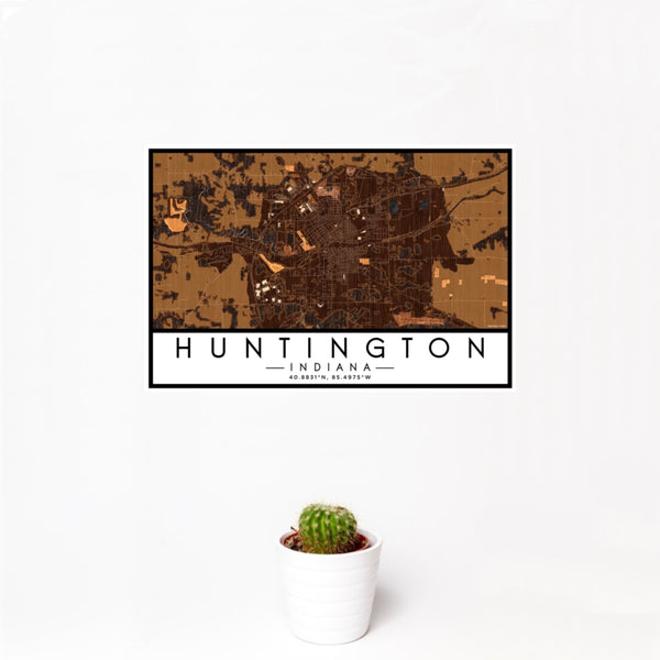 12x18 Huntington Indiana Map Print Landscape Orientation in Ember Style With Small Cactus Plant in White Planter