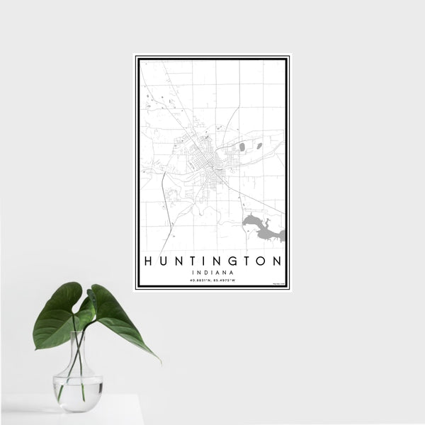 16x24 Huntington Indiana Map Print Portrait Orientation in Classic Style With Tropical Plant Leaves in Water