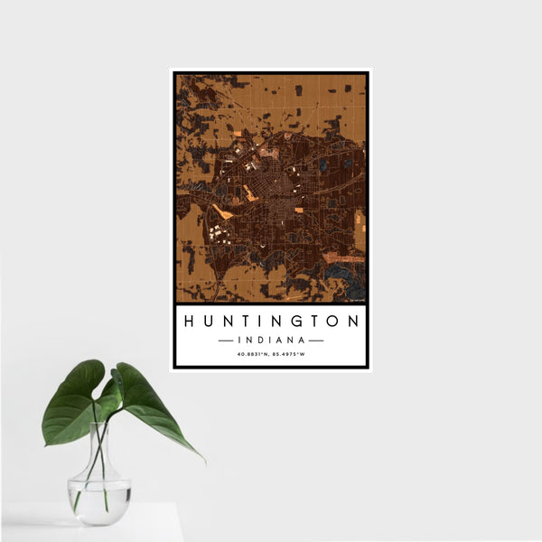 16x24 Huntington Indiana Map Print Portrait Orientation in Ember Style With Tropical Plant Leaves in Water