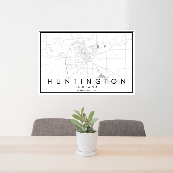 24x36 Huntington Indiana Map Print Lanscape Orientation in Classic Style Behind 2 Chairs Table and Potted Plant