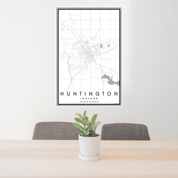 24x36 Huntington Indiana Map Print Portrait Orientation in Classic Style Behind 2 Chairs Table and Potted Plant