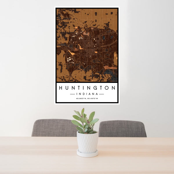 24x36 Huntington Indiana Map Print Portrait Orientation in Ember Style Behind 2 Chairs Table and Potted Plant