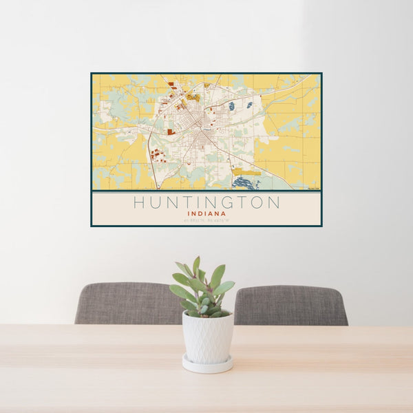 24x36 Huntington Indiana Map Print Lanscape Orientation in Woodblock Style Behind 2 Chairs Table and Potted Plant
