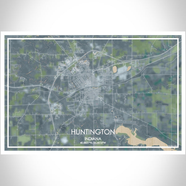 Huntington Indiana Map Print Landscape Orientation in Afternoon Style With Shaded Background