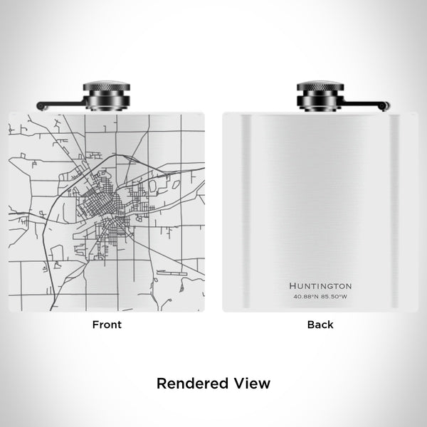 Rendered View of Huntington Indiana Map Engraving on 6oz Stainless Steel Flask in White