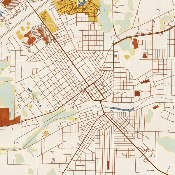 Huntington Indiana Map Print in Woodblock Style Zoomed In Close Up Showing Details