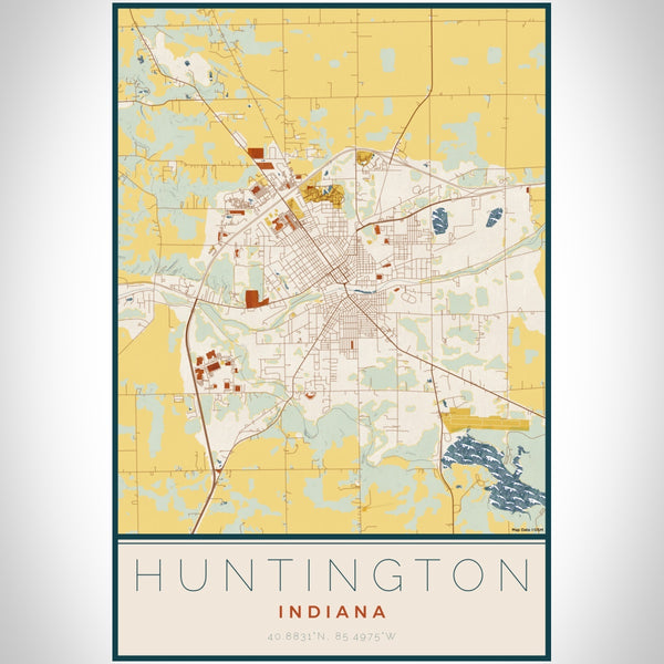 Huntington Indiana Map Print Portrait Orientation in Woodblock Style With Shaded Background