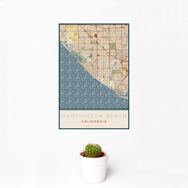 Huntington Beach - California Map Print in Woodblock