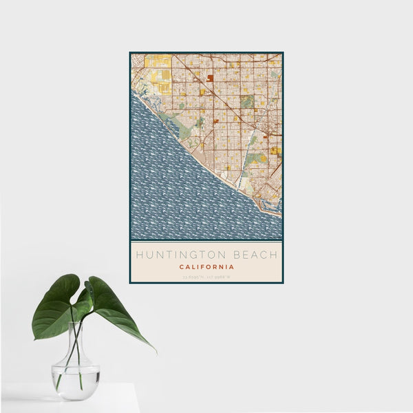 Huntington Beach - California Map Print in Woodblock