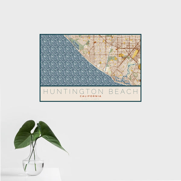 Huntington Beach - California Map Print in Woodblock