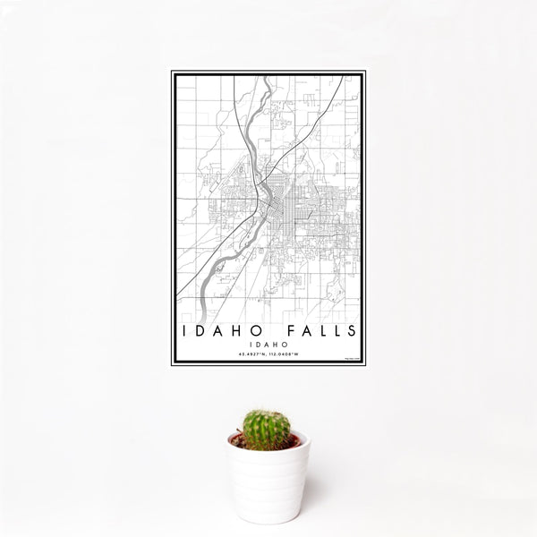 12x18 Idaho Falls Idaho Map Print Portrait Orientation in Classic Style With Small Cactus Plant in White Planter