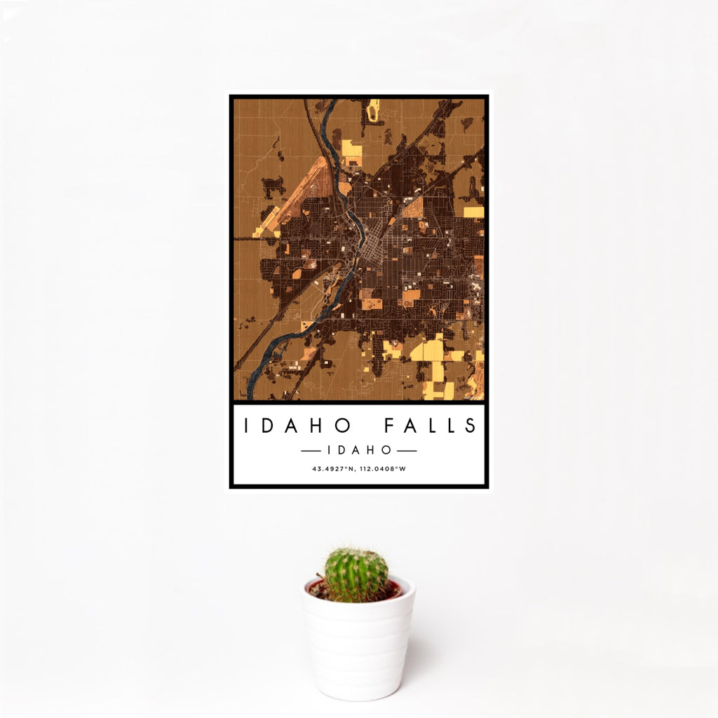 12x18 Idaho Falls Idaho Map Print Portrait Orientation in Ember Style With Small Cactus Plant in White Planter