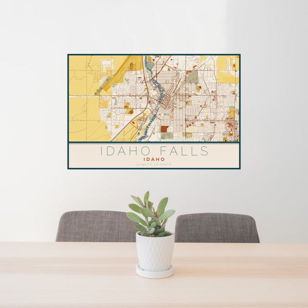 24x36 Idaho Falls Idaho Map Print Lanscape Orientation in Woodblock Style Behind 2 Chairs Table and Potted Plant