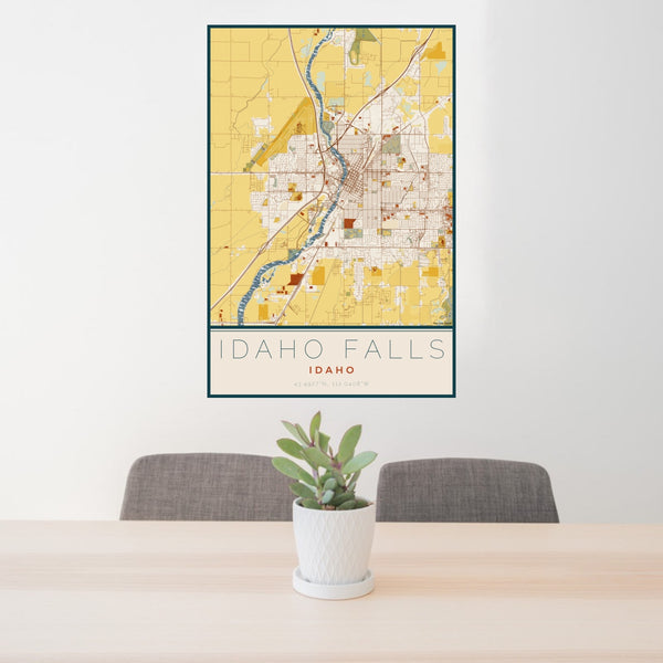 24x36 Idaho Falls Idaho Map Print Portrait Orientation in Woodblock Style Behind 2 Chairs Table and Potted Plant