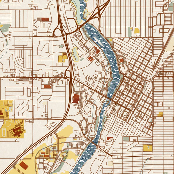 Idaho Falls Idaho Map Print in Woodblock Style Zoomed In Close Up Showing Details