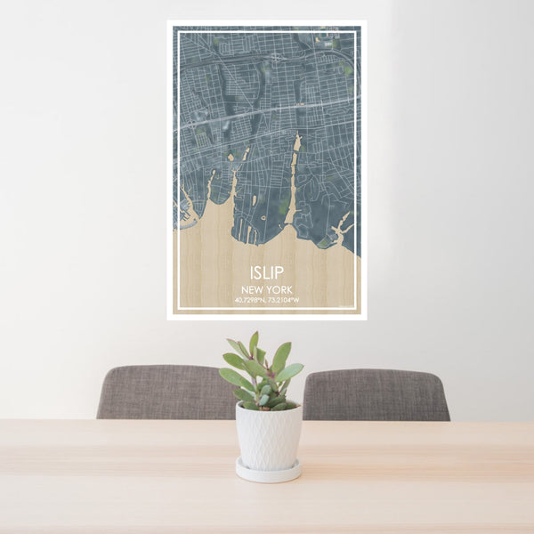 24x36 Islip New York Map Print Portrait Orientation in Afternoon Style Behind 2 Chairs Table and Potted Plant