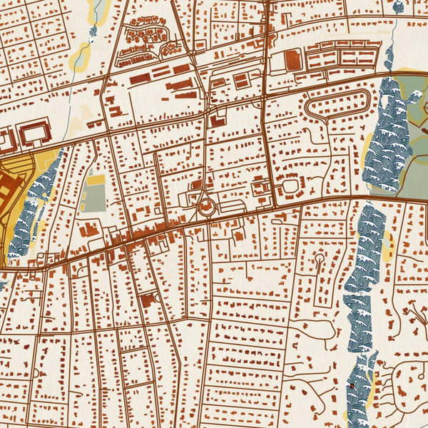 Islip New York Map Print in Woodblock Style Zoomed In Close Up Showing Details