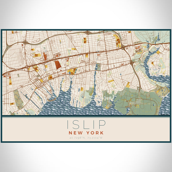 Islip New York Map Print Landscape Orientation in Woodblock Style With Shaded Background