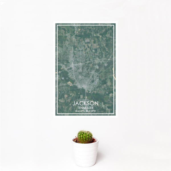 12x18 Jackson Tennessee Map Print Portrait Orientation in Afternoon Style With Small Cactus Plant in White Planter