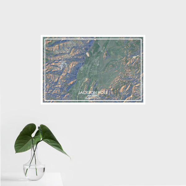 16x24 Jackson Hole Wyoming Map Print Landscape Orientation in Afternoon Style With Tropical Plant Leaves in Water