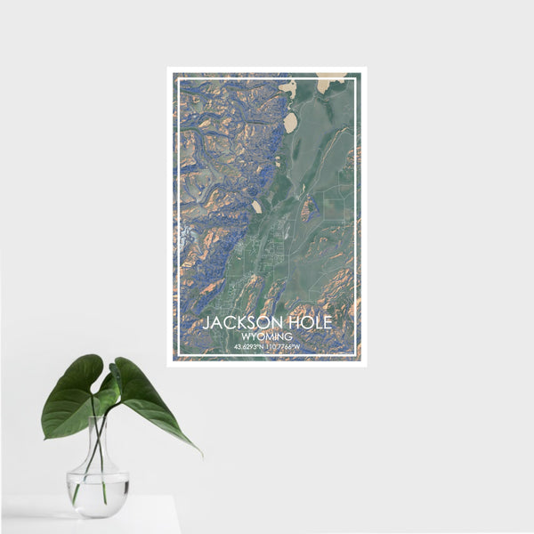 16x24 Jackson Hole Wyoming Map Print Portrait Orientation in Afternoon Style With Tropical Plant Leaves in Water