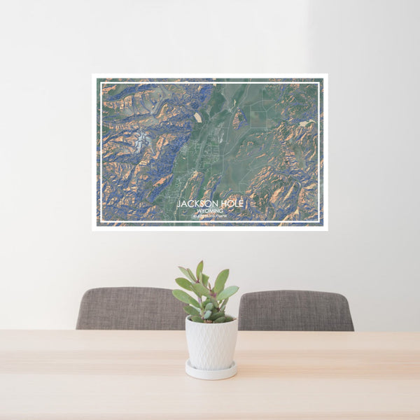 24x36 Jackson Hole Wyoming Map Print Lanscape Orientation in Afternoon Style Behind 2 Chairs Table and Potted Plant