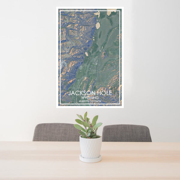 24x36 Jackson Hole Wyoming Map Print Portrait Orientation in Afternoon Style Behind 2 Chairs Table and Potted Plant