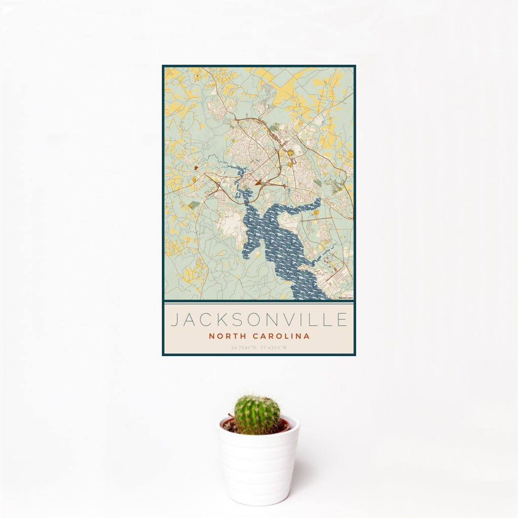 Jacksonville - North Carolina Map Print in Woodblock