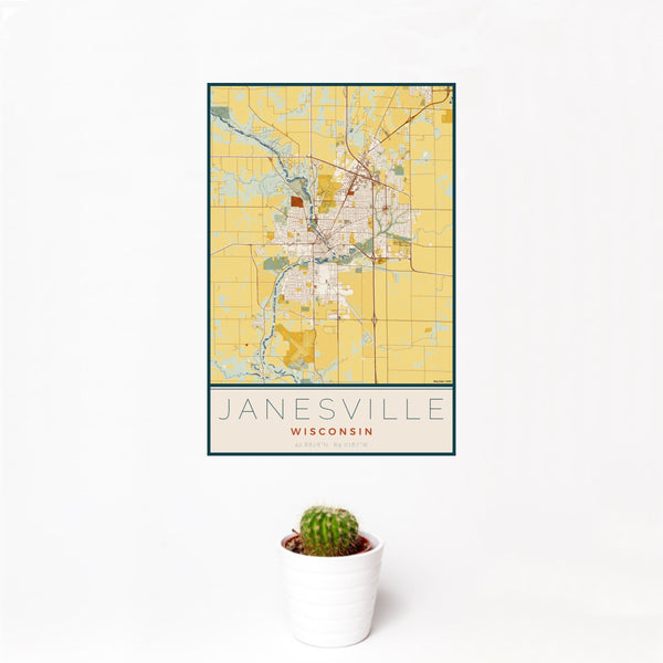 Janesville - Wisconsin Map Print in Woodblock