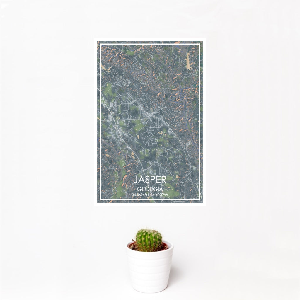 12x18 Jasper Georgia Map Print Portrait Orientation in Afternoon Style With Small Cactus Plant in White Planter