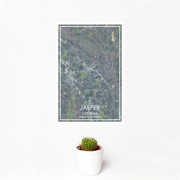 12x18 Jasper Georgia Map Print Portrait Orientation in Afternoon Style With Small Cactus Plant in White Planter