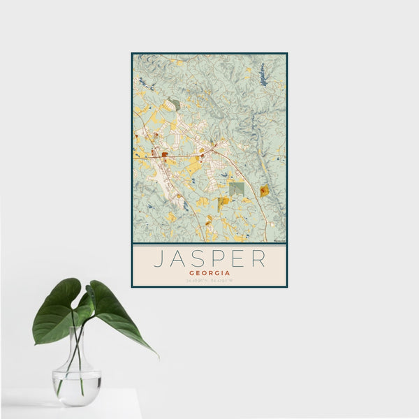 16x24 Jasper Georgia Map Print Portrait Orientation in Woodblock Style With Tropical Plant Leaves in Water