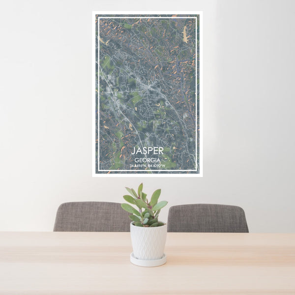 24x36 Jasper Georgia Map Print Portrait Orientation in Afternoon Style Behind 2 Chairs Table and Potted Plant