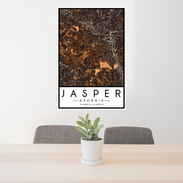 24x36 Jasper Georgia Map Print Portrait Orientation in Ember Style Behind 2 Chairs Table and Potted Plant