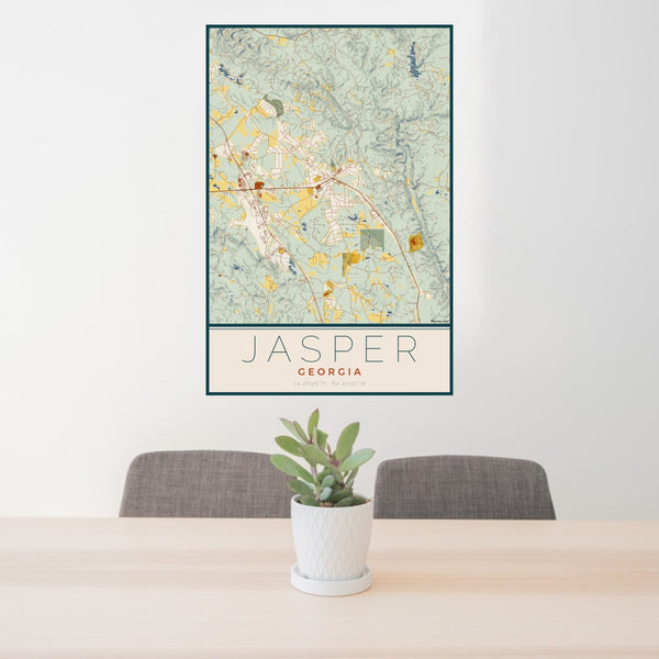 24x36 Jasper Georgia Map Print Portrait Orientation in Woodblock Style Behind 2 Chairs Table and Potted Plant