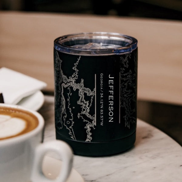 Jefferson Georgia Custom Engraved City Map Inscription Coordinates on 10oz Stainless Steel Insulated Cup with Sliding Lid in Black