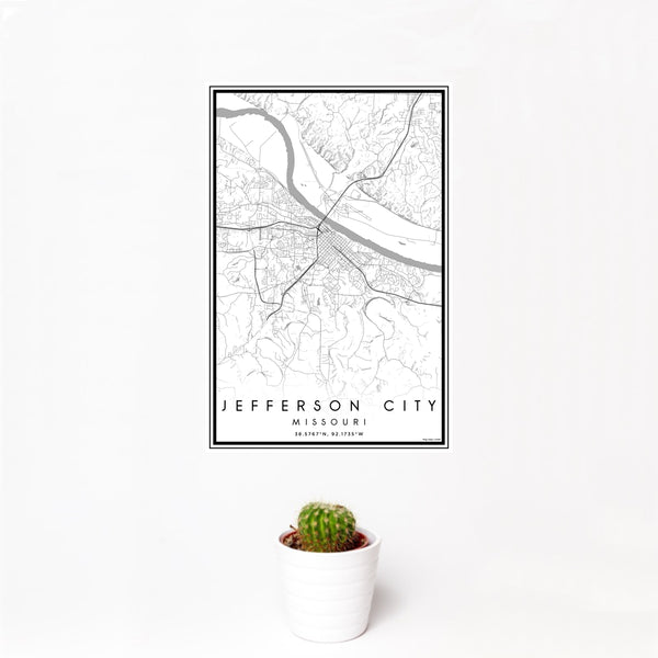 12x18 Jefferson City Missouri Map Print Portrait Orientation in Classic Style With Small Cactus Plant in White Planter
