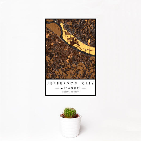 12x18 Jefferson City Missouri Map Print Portrait Orientation in Ember Style With Small Cactus Plant in White Planter