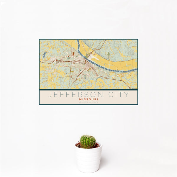 12x18 Jefferson City Missouri Map Print Landscape Orientation in Woodblock Style With Small Cactus Plant in White Planter