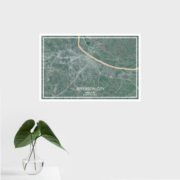 16x24 Jefferson City Missouri Map Print Landscape Orientation in Afternoon Style With Tropical Plant Leaves in Water