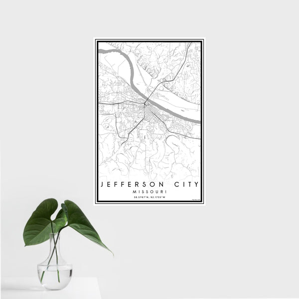 16x24 Jefferson City Missouri Map Print Portrait Orientation in Classic Style With Tropical Plant Leaves in Water