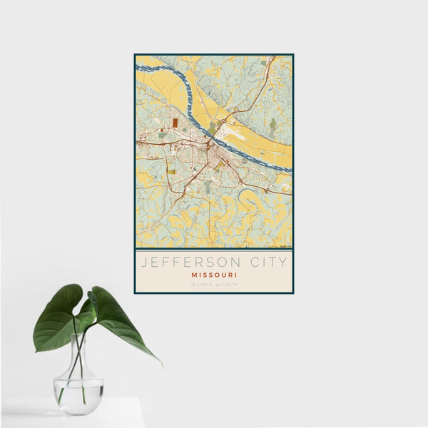 16x24 Jefferson City Missouri Map Print Portrait Orientation in Woodblock Style With Tropical Plant Leaves in Water