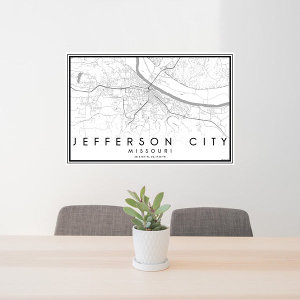 24x36 Jefferson City Missouri Map Print Lanscape Orientation in Classic Style Behind 2 Chairs Table and Potted Plant