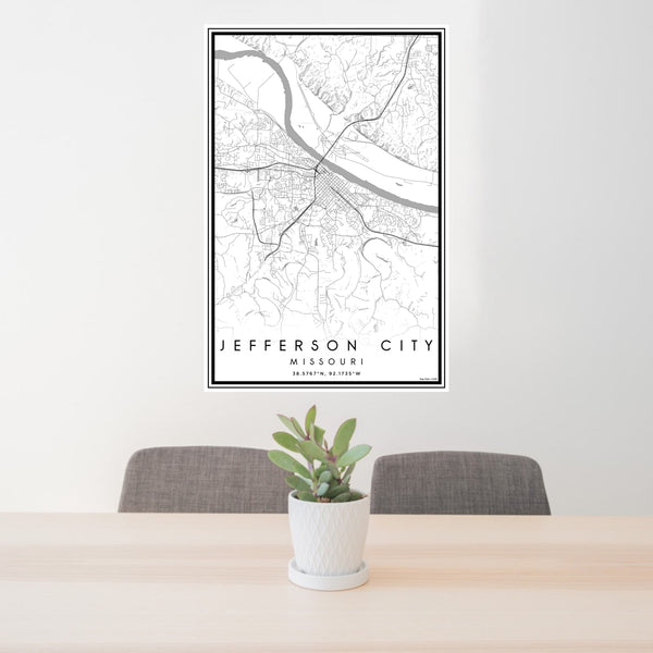 24x36 Jefferson City Missouri Map Print Portrait Orientation in Classic Style Behind 2 Chairs Table and Potted Plant