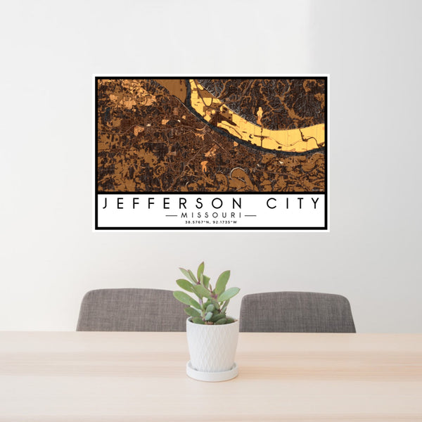 24x36 Jefferson City Missouri Map Print Lanscape Orientation in Ember Style Behind 2 Chairs Table and Potted Plant