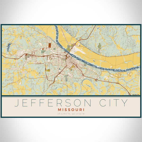 Jefferson City Missouri Map Print Landscape Orientation in Woodblock Style With Shaded Background